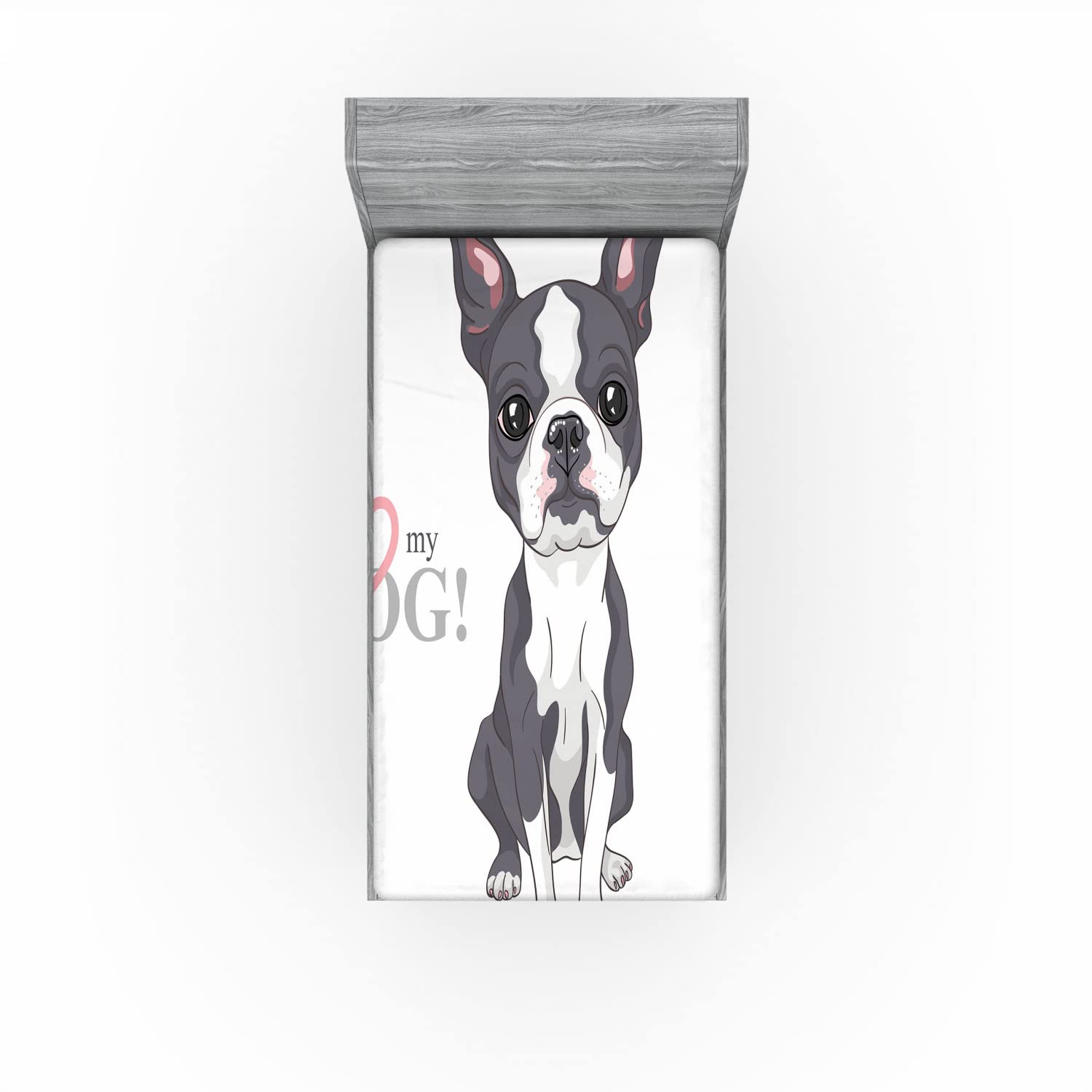 Ambesonne Boston Terrier 2 Pack Fitted Sheet, Naive Puppy Face, Bed Cover All-Round Elastic Deep Pockets 2 Pieces, Package Contains 2 Twin Size Fitted Sheets, Pink White