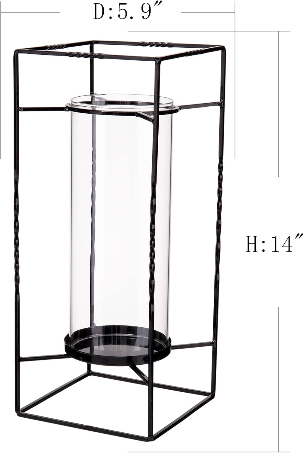 Diamond Star Glass Vase with Metal Bracket, Glass Cylinder Hurricane Candle Lantern with Metal Frame and Handle (Diameter 5.9'', Height 14'')