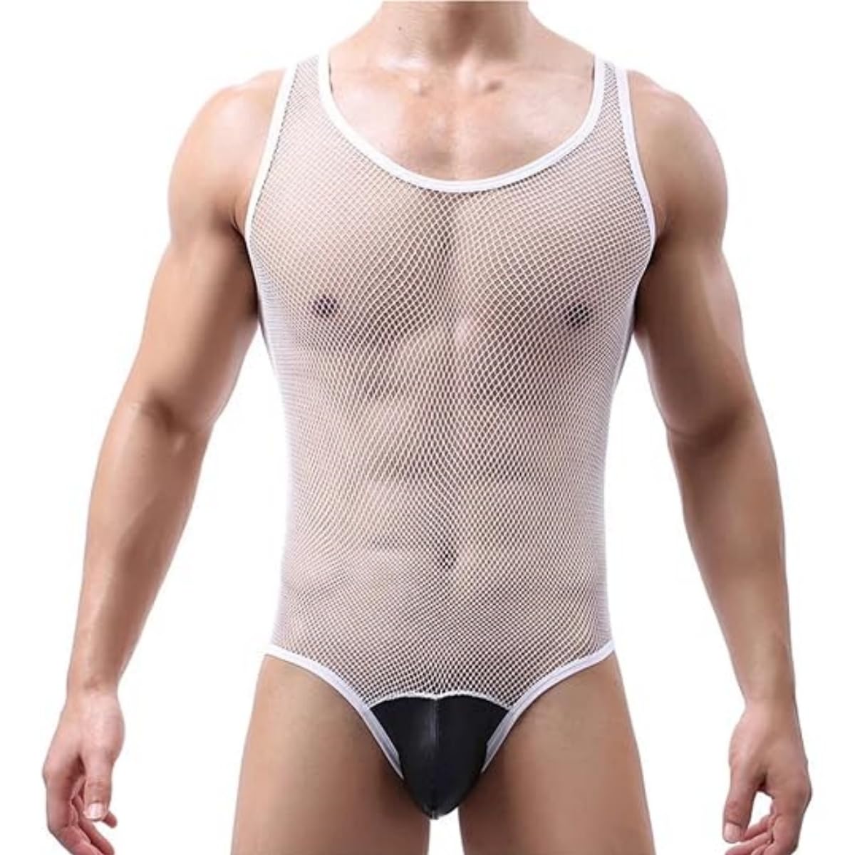 Men's Fishnet Leotard, See Through Sleeveless One Piece Jumpsuit, Sexy Mesh Sheer Fitness Leotard Wrestling Singlet Bodysuit Bulge Pouch Thong Underwear Jumpsuits for Nightwear Rave Club Undershirt