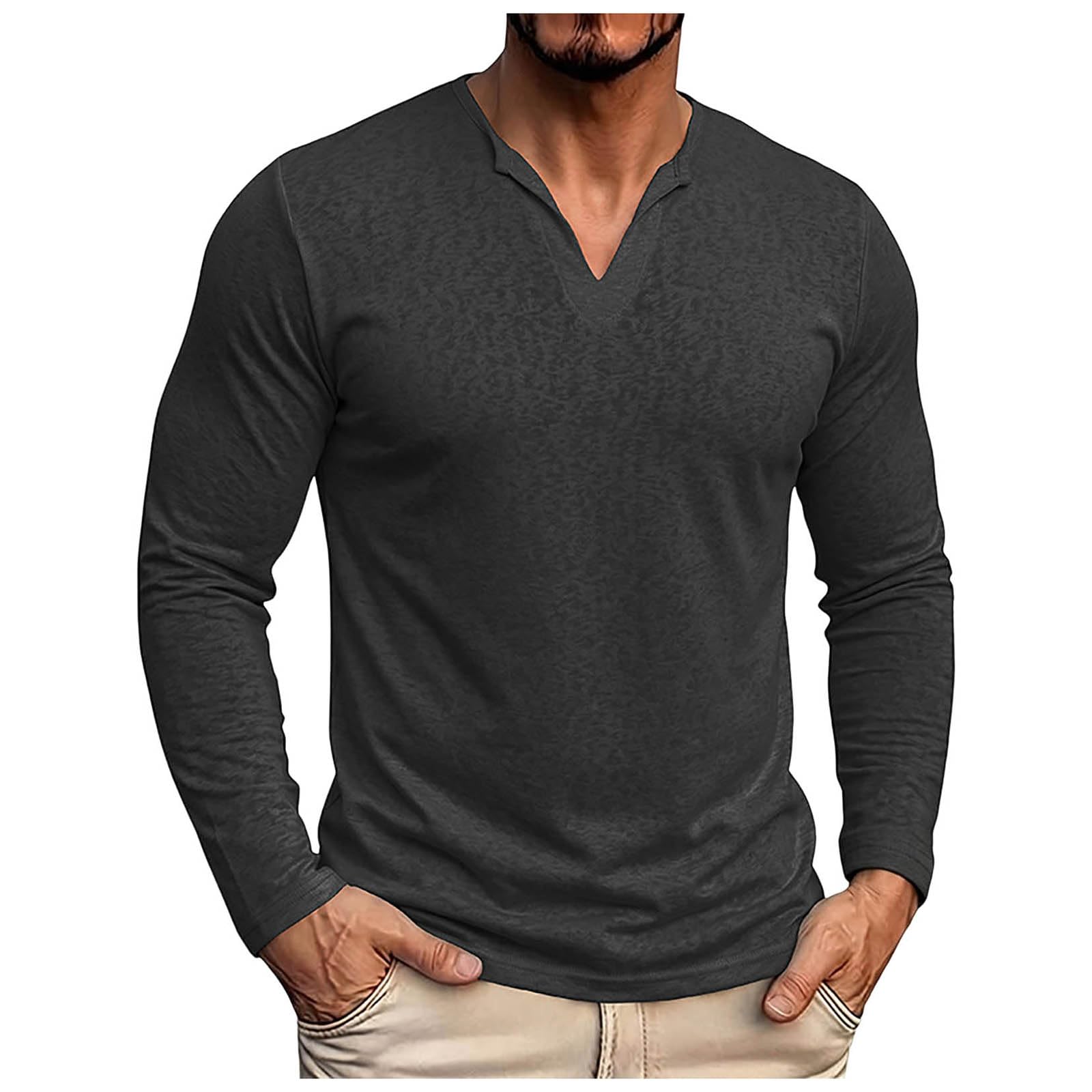 T-Shirt à Manches Longues Homme écru col en V Ouvert, Tissu léger Coupe ajustée, modèle Basique Polyvalent pour Quotidien et mi-Saison