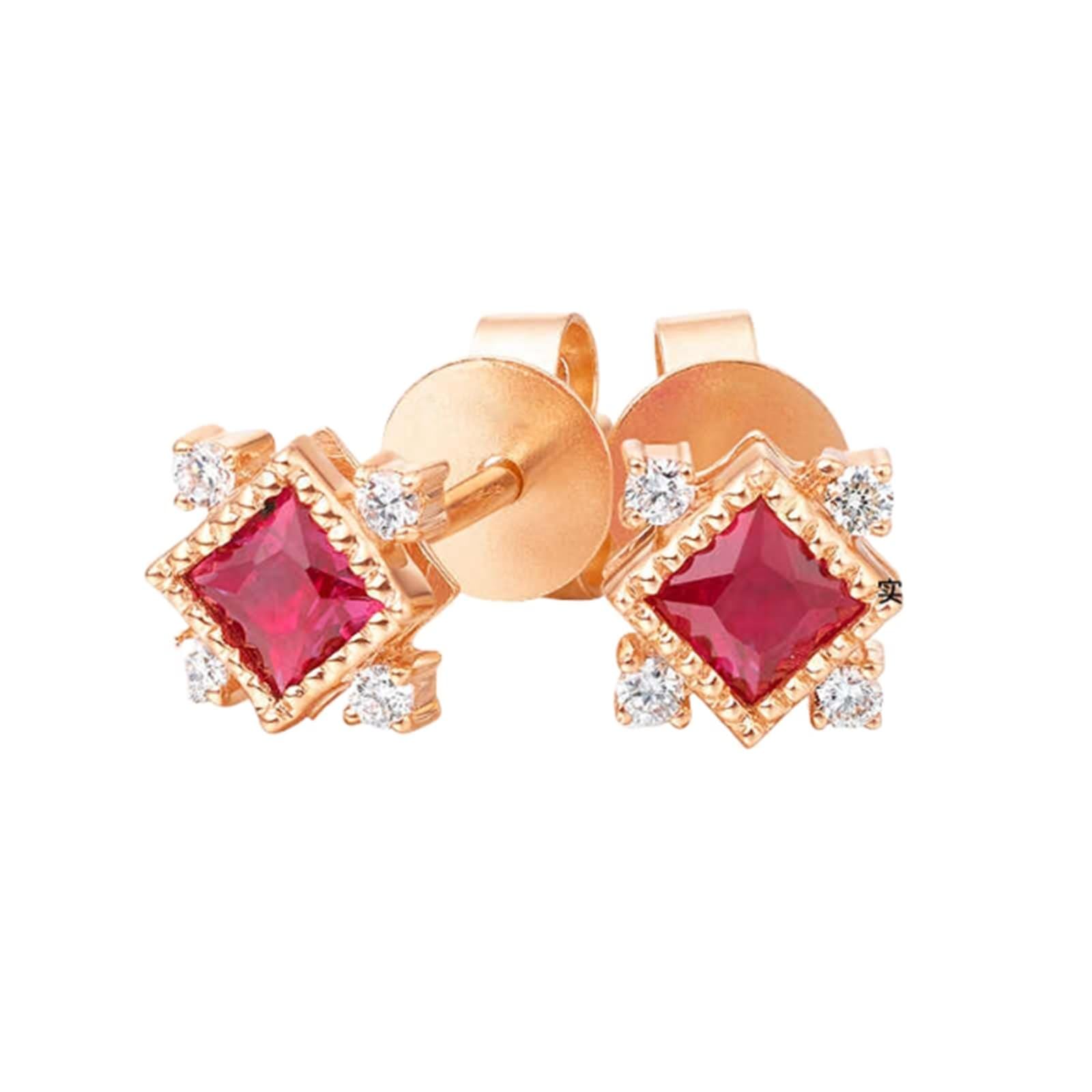 Pendientes de tuerca vintage con rubí rojo de 0,3 quilates y oro rosa de princesa