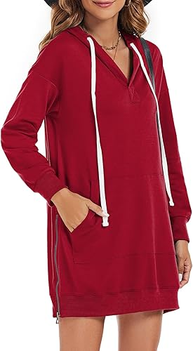 Mokayee Sudadera de manga larga para mujer, con cremallera lateral, dobladillo dividido, con cordón, con bolsillo tipo canguro