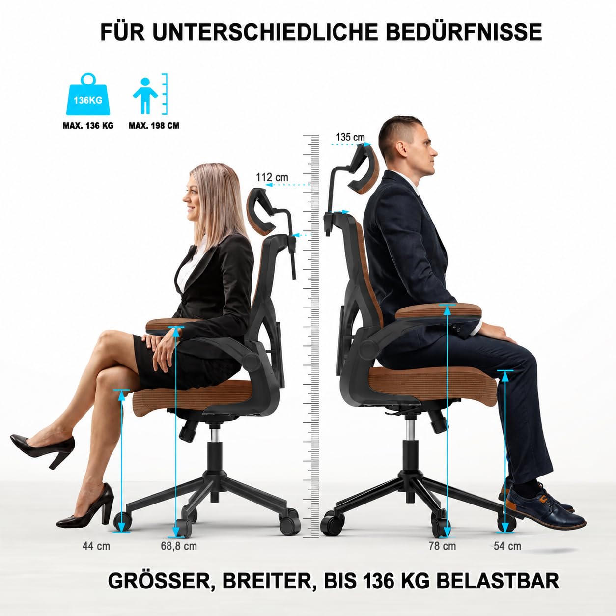 CYKOV Bürostuhl Ergonomisch Homeoffice, Wasserfall-Sitz 8h+ Rückenstütze | 4-fach Wippmechanik 90°-135°, Klappbare Armlehnen, SGS-Zertifiziert 150kg, 15cm+60° Verstellbare Kopfstütze, 5 Jahre Garantie