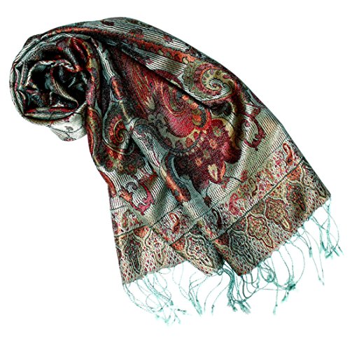 Lorenzo Cana Jedwabny szal dla kobiet, szal ze 100% jedwabiu, tkany szal damski, elegancki wzór Paisley, wielokolorowy, szaro-zielono-wielokolorowe, 35 x 160 cm