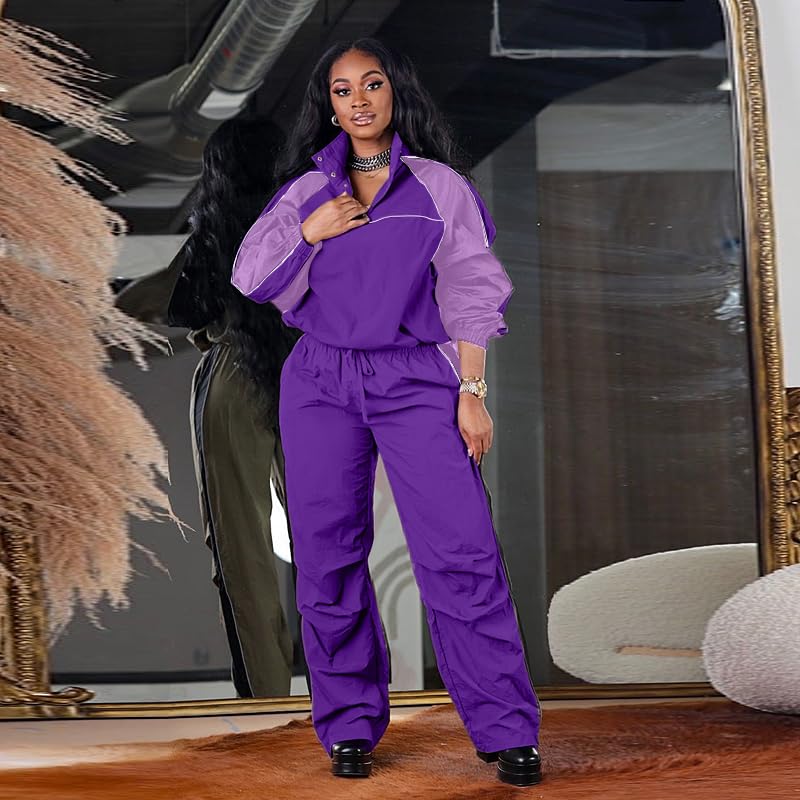 Mandonce Women's Y2K 2 Piece Long Sleeve Standing Collar Windbreaker and Cargo Pants Streetwear Casual Set2