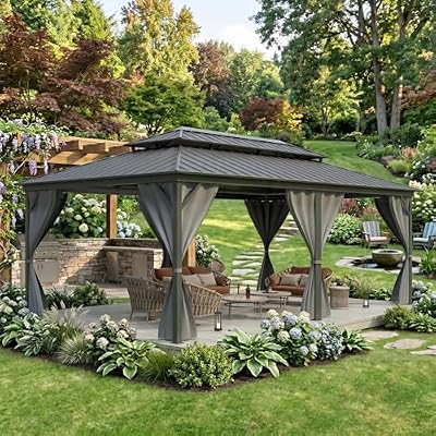 12' x 20' Hardtop Gazebo with Galvanized Steel Double Roof, Heavy Duty Outdoor Gazebo with Netting & Curtains for Patio, Backyard, Deck & Lawn