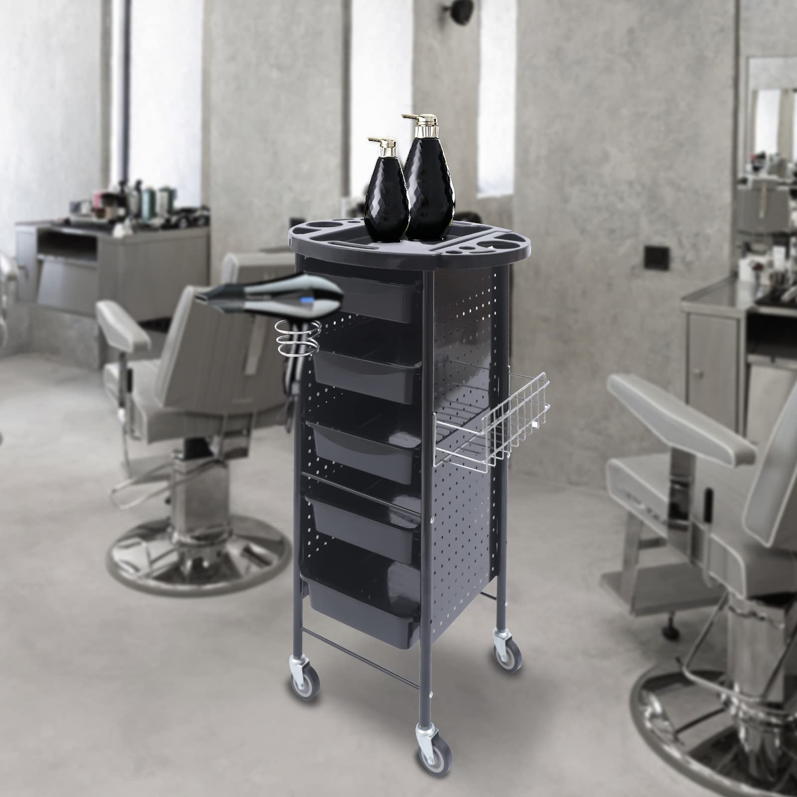 Wózek fryzjerski, wózek fryzjerski, wózek z 5 szufladami, wózek roboczy i regulowany kosz wiszący, profesjonalny wózek fryzjerski do salonu piękności, barbershopu, szpitali