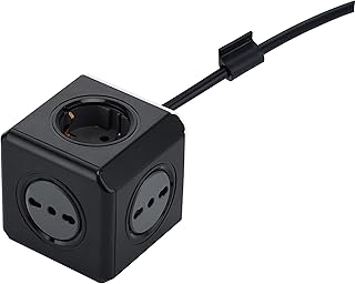 Electraline 62098 Multipresa Cubo Powercube, 3 prese da 10/16A, 2 prese Schuko + 10A, Spina 16 A, Colore Nero, Cavo 1.5 m