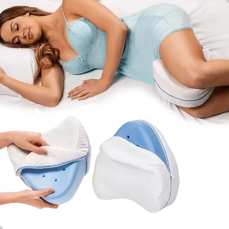 Almofada Travesseiro Ortopédico para Pernas, Alivia Dores No Corpo Lombar, Articulações, Joelhos e Gravidez com Capa Removível, Suporte Ergonômico, Azul e Branco