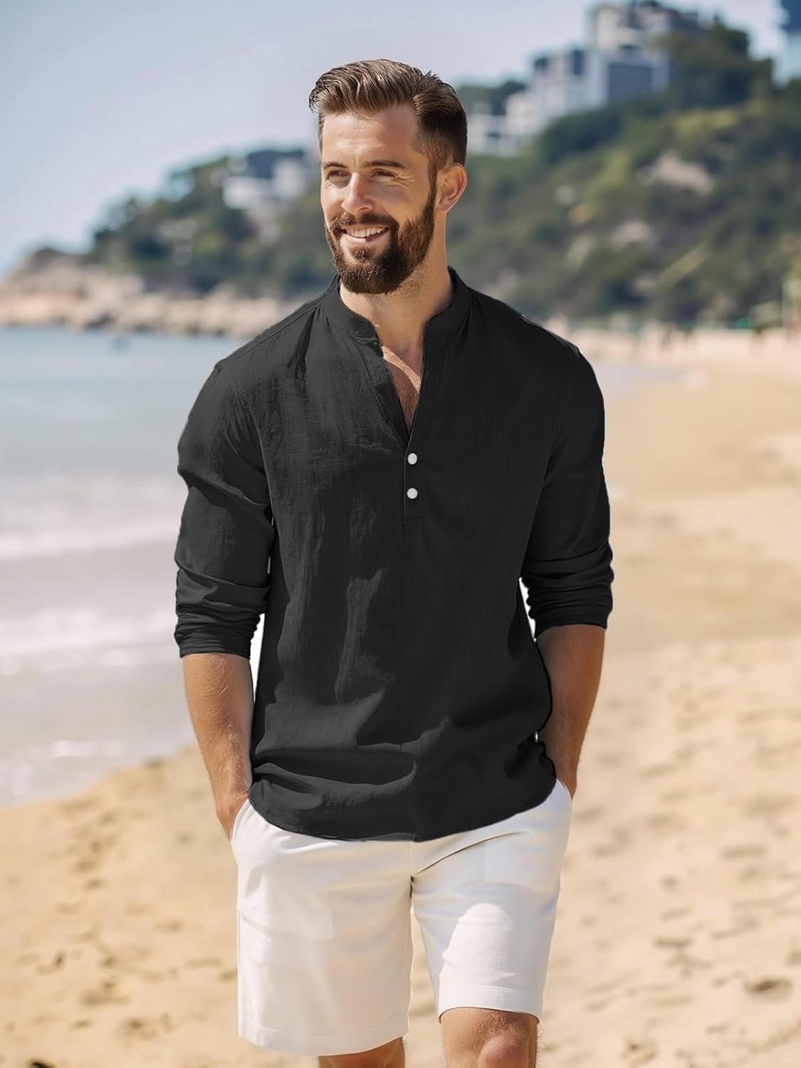 Mens Linen Henley Shirts Casual Long Sleeve Hippie Yoga Tops Lightweight Summer Beach T-Shirt - Image 4