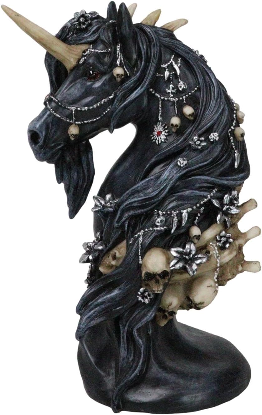 Ebros Gift Gothic Macabre Collection Black Dark Unicorn Horse with Skeleton Bones and Skulls Bust Figurine 10" H Myths and Legends Fantasy Accent
