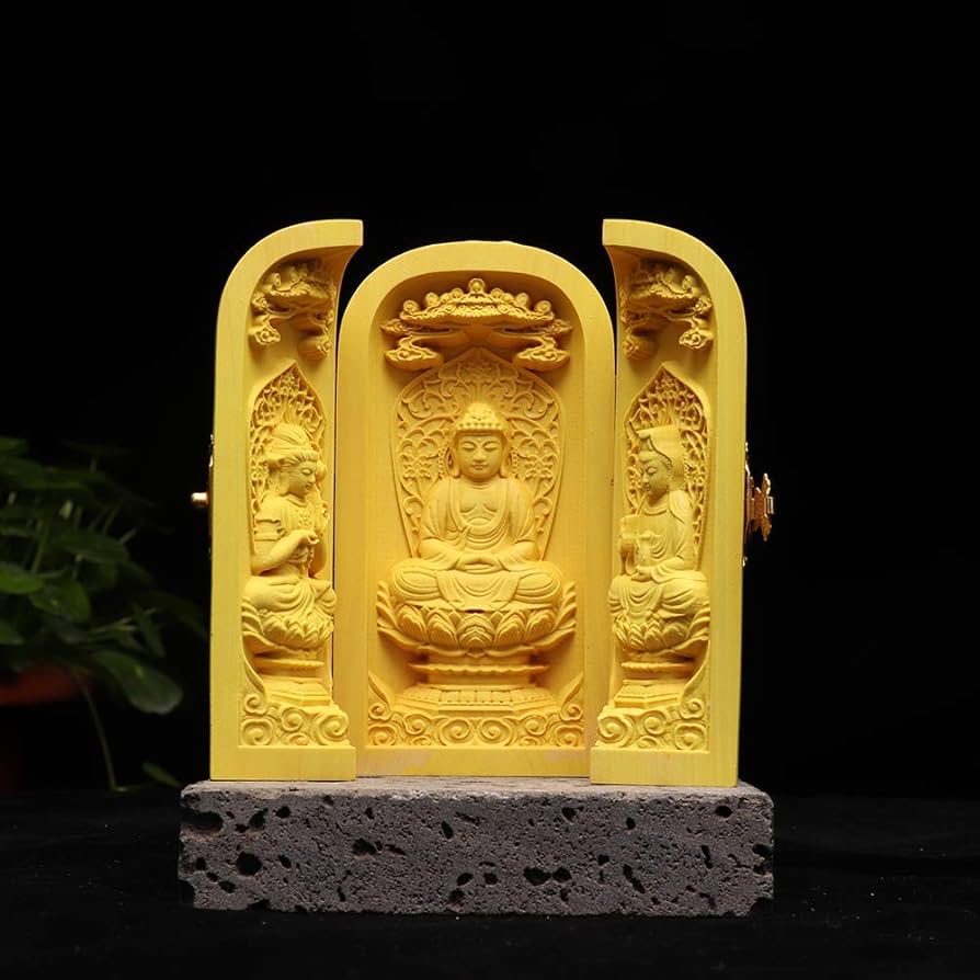 Amazon｜柘植木彫り 置物 三開仏 【勢至菩薩 · 阿弥陀如来