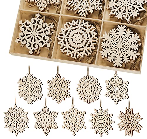 HOUISM 36 colgantes de madera para Navidad, grandes copos de nieve, discos de madera, decoración para árbol de Navidad, colgante de madera con cuerda de yute para manualidades 10cm Cover