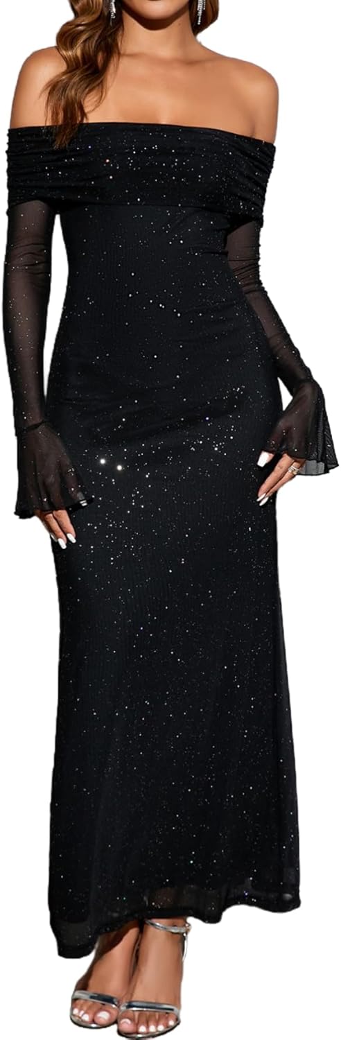 Colysmo Women Long Sleeve Mesh Off Shoulder Bodycon Maxi Dress Formal Wedding Guest Fall Dresses for Women 2025