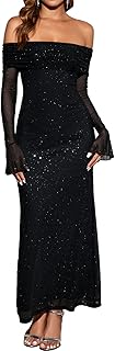 Women Long Sleeve Mesh Off Shoulder Bodycon Maxi Dress Formal Wedding Guest Elegant Party Dresses - Buy now