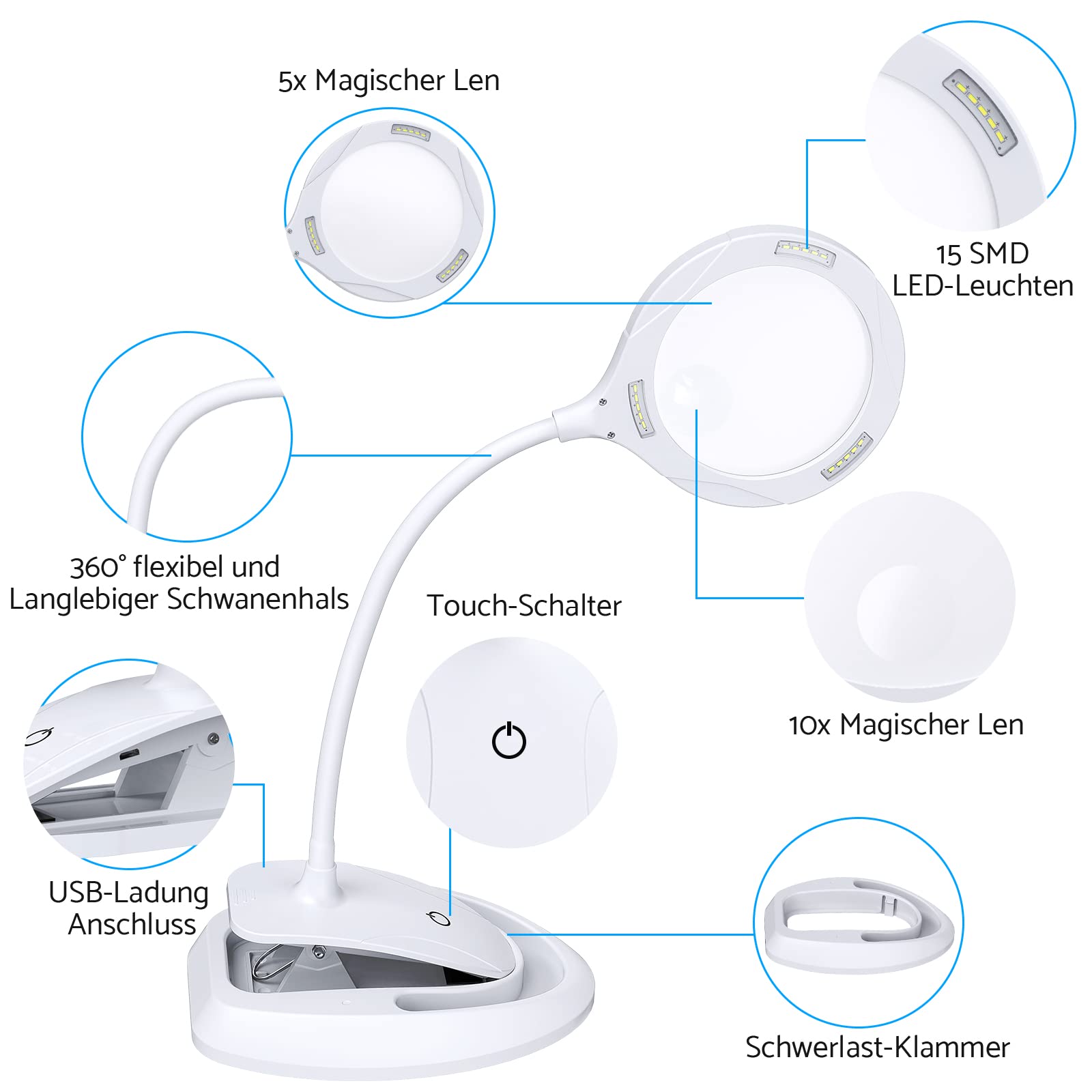 eSynic Lupenleuchte LED 2 in 1 Lupe 5X 10X Lupenlampe Schreibtischlampe Lupe mit Licht und Ständer mit 3 Helligkeit einstellbar für Arbeiten Lesen Reparatur Heimwerker