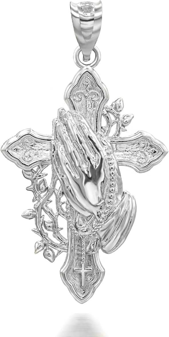 Claddagh Gold Solid Sterling Silver Cross with Praying Hands and Rosary Pendant Necklace - Image 2