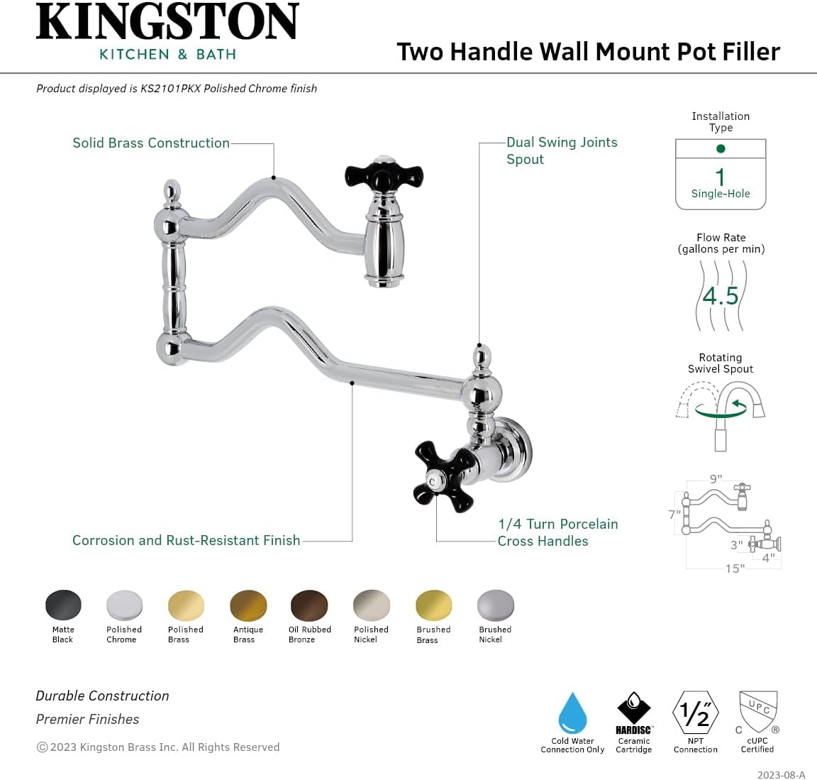 Kingston Brass KS2107PKX Duchess Wall Mount Pot Filler, Brushed Brass
