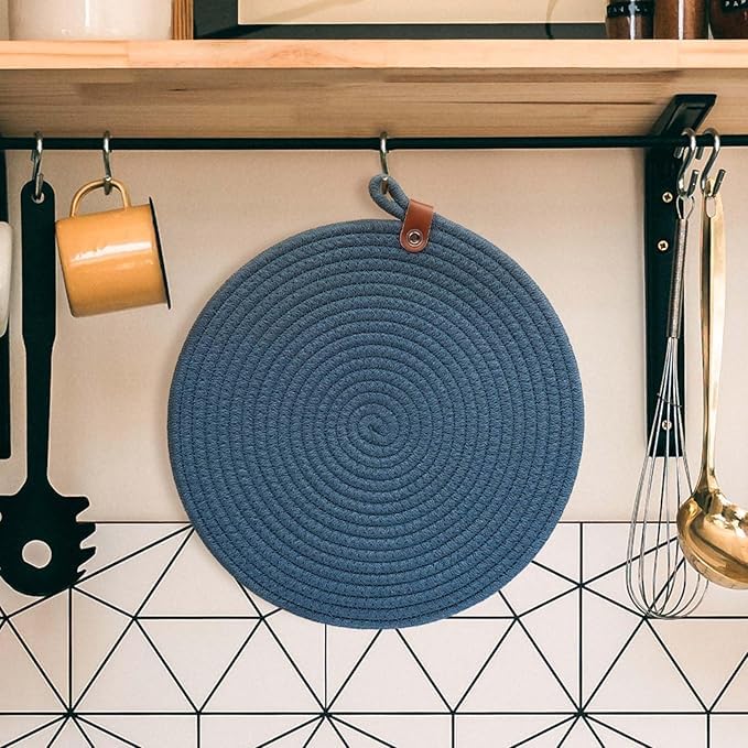 Image of Cotton Rope Placemat Set with Coasters and Holder 6 Pieces Round Woven Table | Mats Natural Beige Heat Resistant | Dining Table Decor | Durable Washable Kitchen Accessories (Royal Blue)