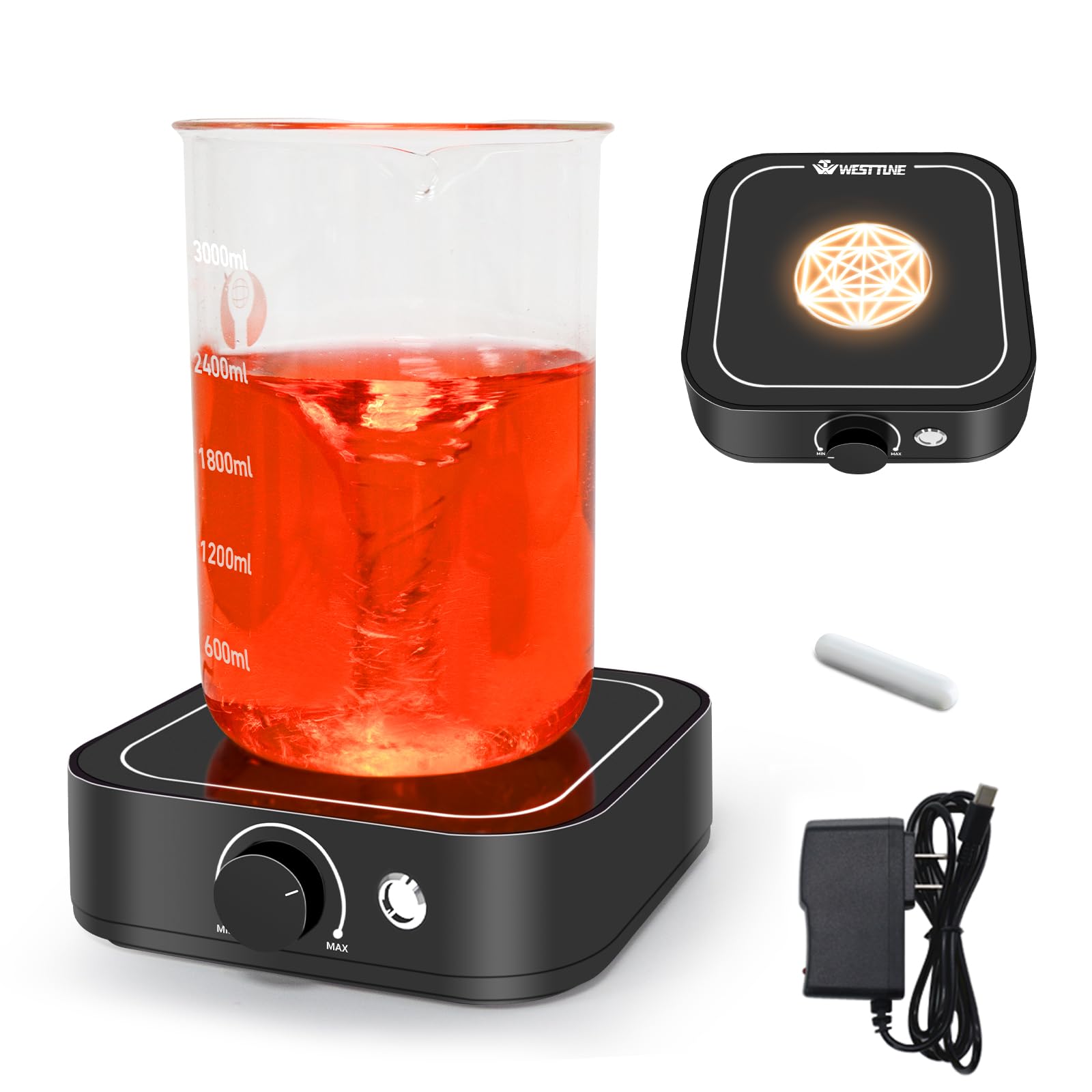 Agitateur magnétique 3000 tr/min avec lumière LED, plaque d'agitation magnétique avec 2 barres d'agitation, mini mélangeur magnétique, capacité d'agitation maximale de 3000 ml pour