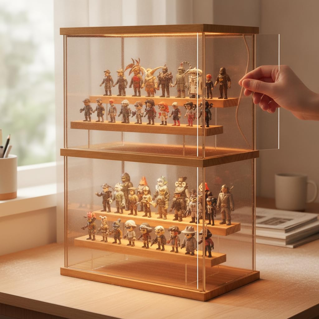LED beleuchtete Acryl Vitrine mit Schiebeabdeckung, Staubdichte Sammlervitrine für Figuren und Modelle, für Präsentation , Modern, schlicht, groß, mit Oberlicht und Stufen, Modell BM8815DT