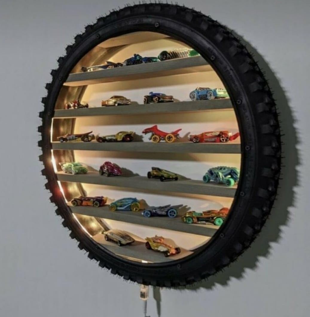 WoodHub Wooden Wall Hanging Lighting Tyre for Home Decor, Kids Toys Stand, Living Room, Bolgony, Office Display Stand - 24 Inch Birthday Gift (Without Toys) (Yellow)