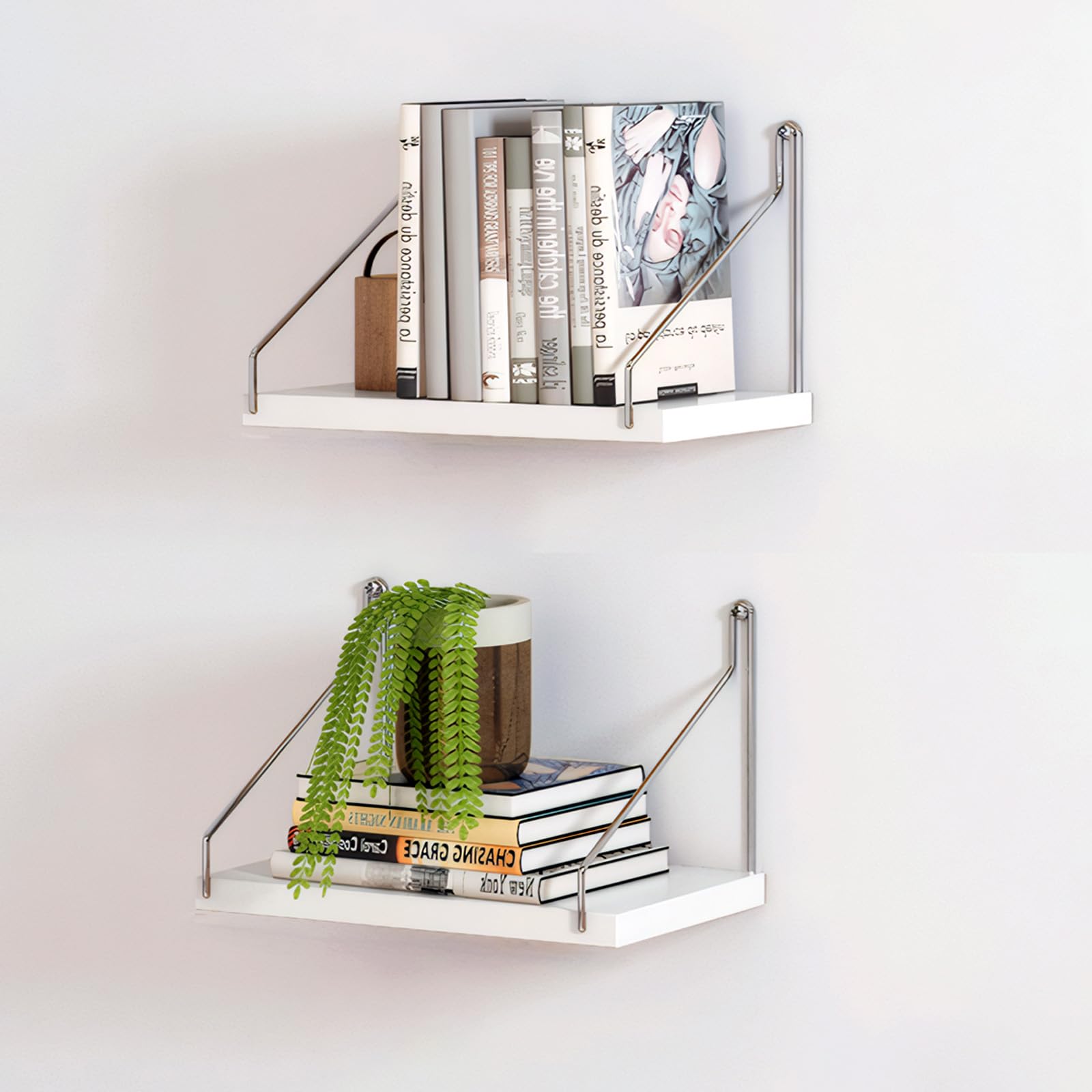 JVHLOV 2 Pack White Floating Shelves Wall Mounted Shelf, Wood Floating Shelves for Wall Decor, Modern Decorations Accessories for Bedroom, Living Room, Bathroom, Kitchen Storage and Organization