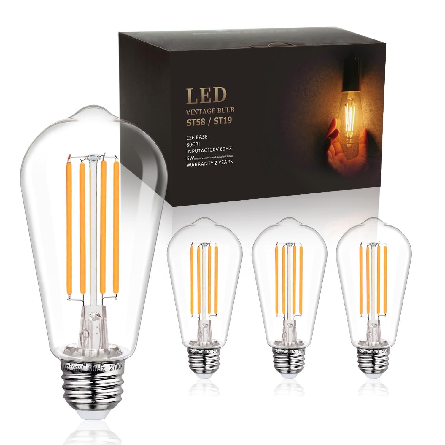 【新品未使用】VETRO No.19LED LIGHT EX BORT 4Pack ST58/ST19 Vintage LED Edison Bulbs, Warm White 2700K