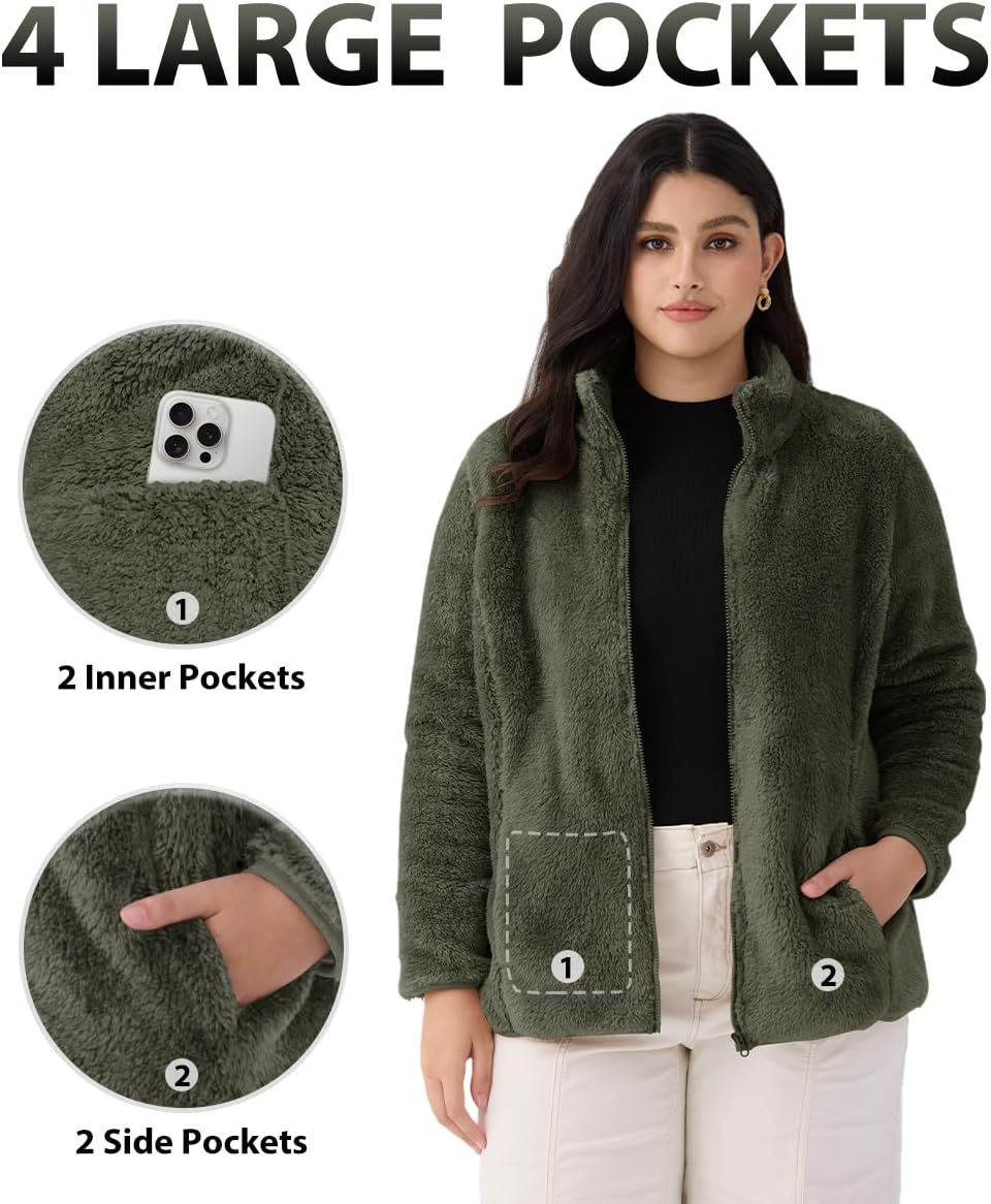 CARCOS Plus Size Fuzzy Jacket for Women Full Zip Up Fleece Coat Long Sleeve Fall Winter Sherpa Outerwear with Pockets - Image 3
