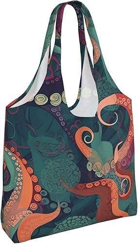 Miniatura 2 de Bolsas de lona con estampado abstracto de pulpo, bolsa de playa grande, bolsa de hombro de lona, bolsas de compras reutilizables, Negro -