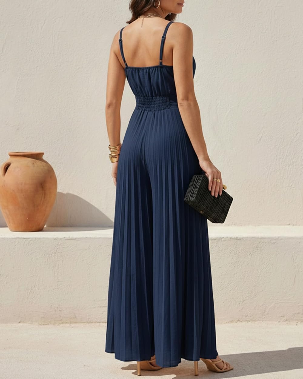 CHICME Flowy Pleated Jumpsuits for Women Smocked Sleeveless Spaghetti Strap Long Rompers Summer Wide Leg Jumpsuit