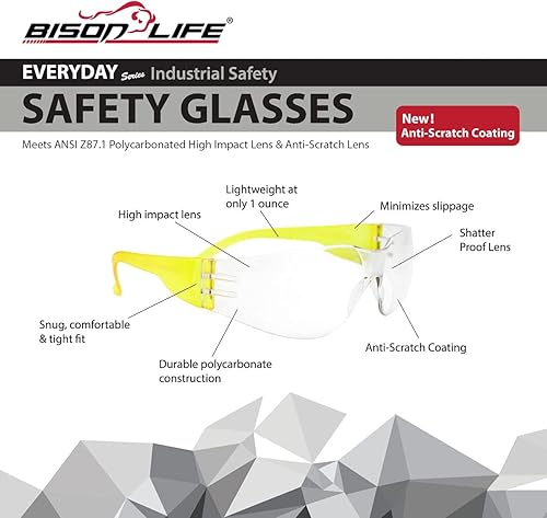 Miniatura 2 de BISON LIFE Safety Glasses - Scratch Resistant Wrap Around Eyewear, Polycarbonate ANSI Z87.1 Impact Resistant Lens