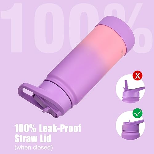 Miniatura 5 de Mininoo Botella de agua para niños, botella de agua de acero inoxidable de 16 onzas con aislamiento y tapa con popote, a prueba de fugas
