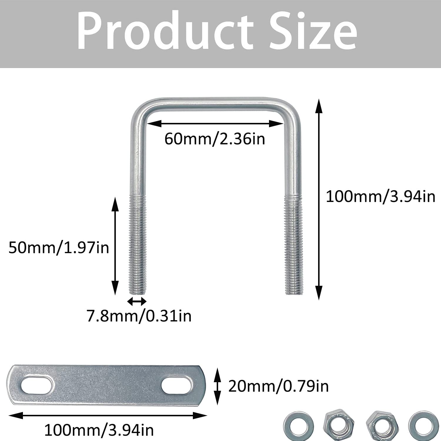 Bügelschraube Quadratische U Bolzen U-Schrauben Schellen 4 Stück 100x60mm 304 Edelstahl Vierkant-Bügel Achsplatte M8 mit Muttern Rahmengurte Bügelbolzen für Abschleppen von Autos Schiffen Reparatur