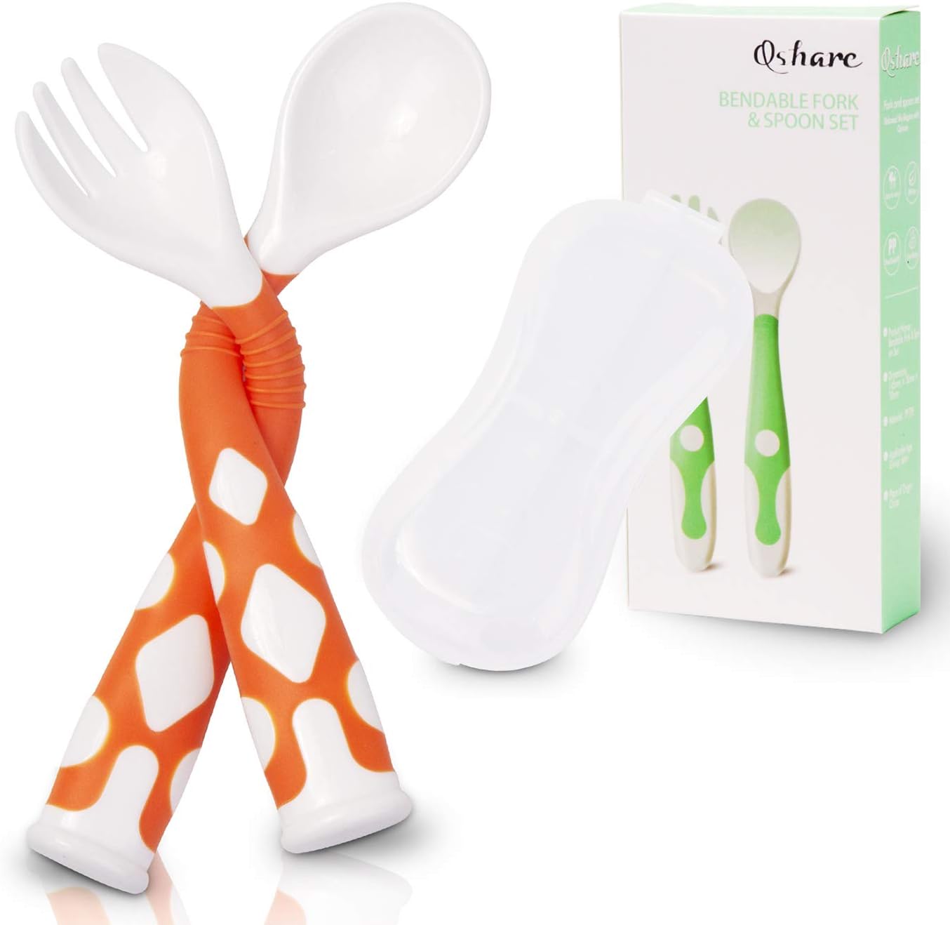 Baby Utensils Spoon Fork Set BPA Free with Travel Safe Case for Toddler Babies Kids Feeding Training Spoon Easy Grip Heat-Resistant Bendable Soft Perfect Self Feeding Learning Spoons (Orange Stand)