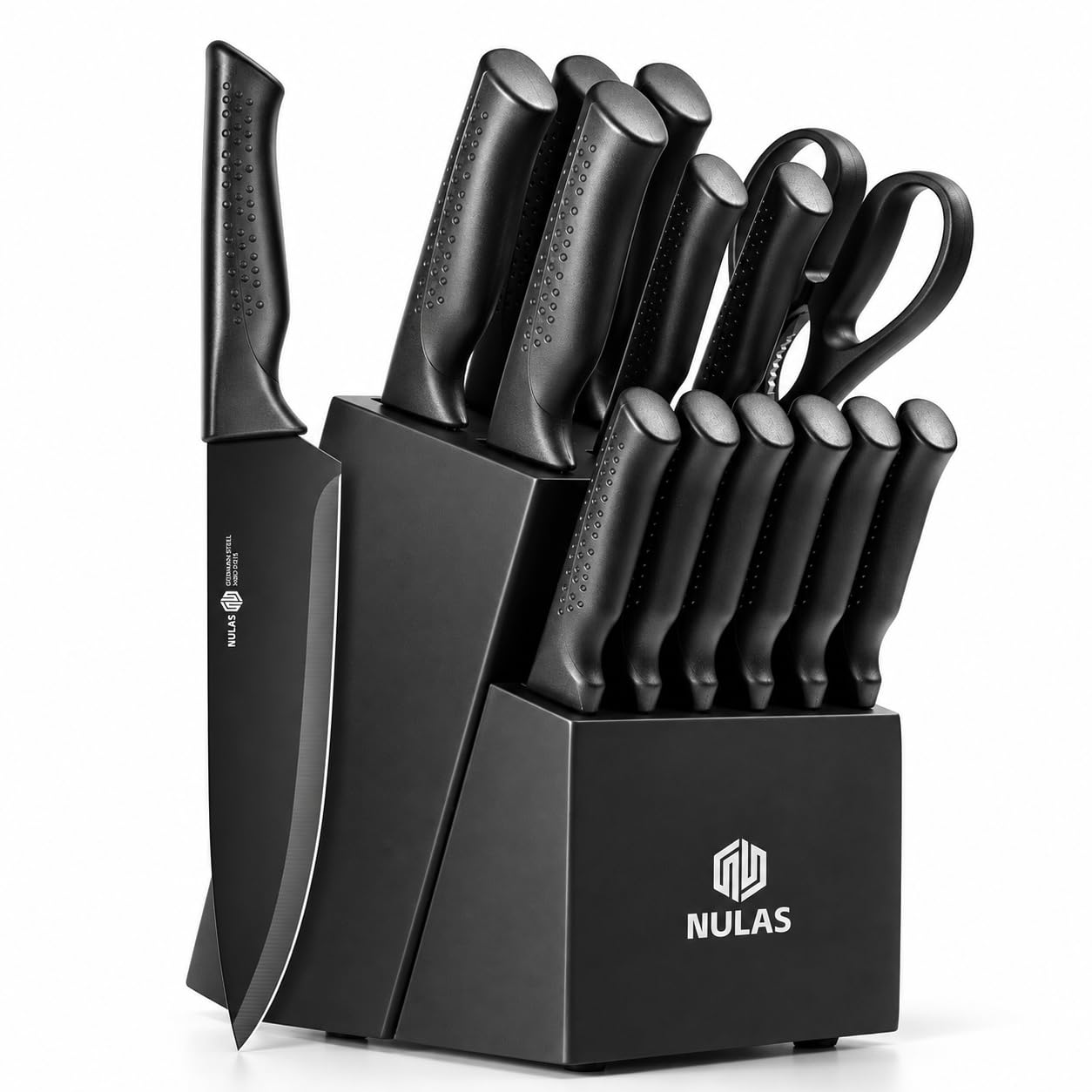 NULAS 15-Piece Kitchen Knife Set with Block & Built-in Sharpener, Black