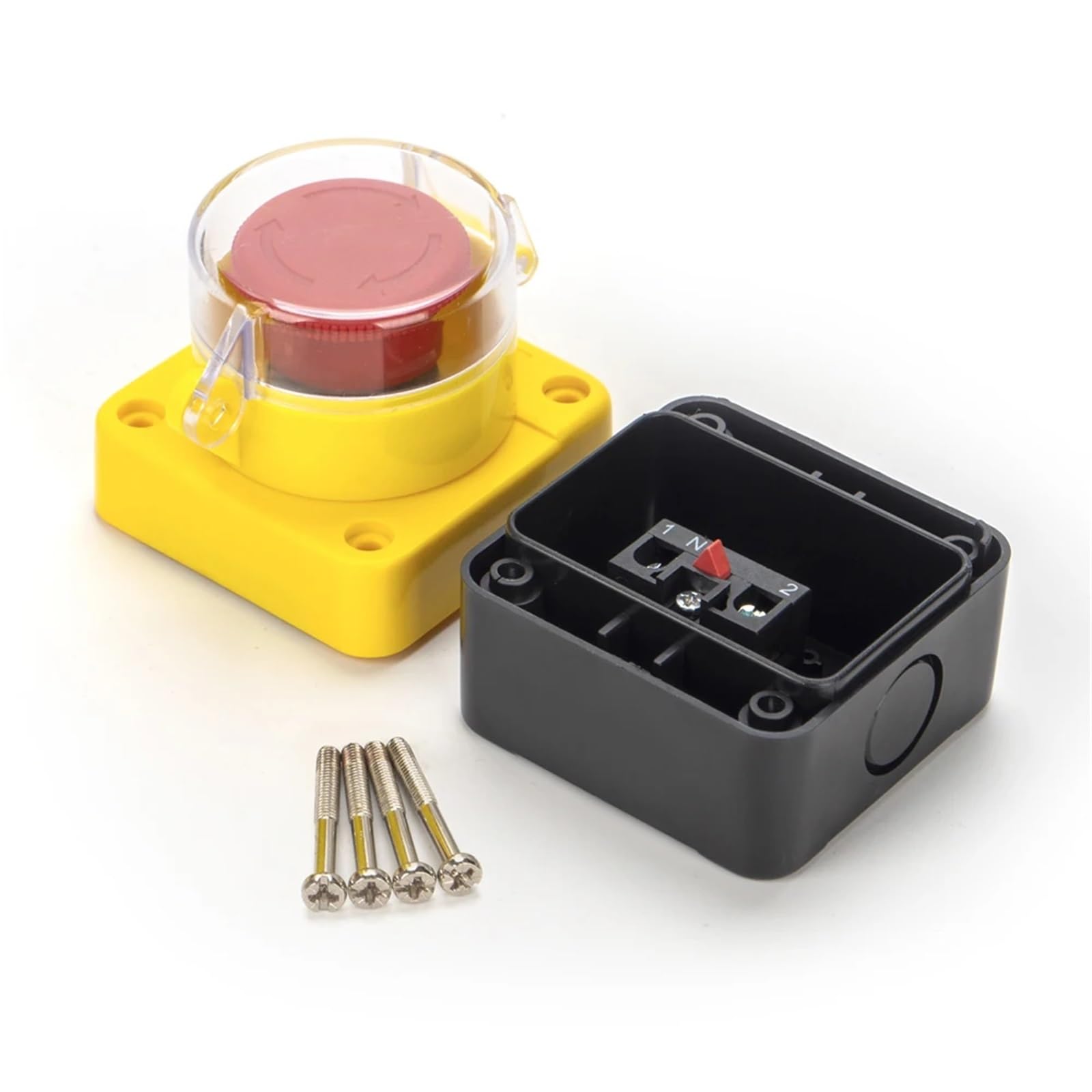 Interruptor pulsador de parada de emergencia con cabezal de hongo rojo, 10 A, for ascensores, con enclavamiento y bloqueo automático con cubierta protectora.