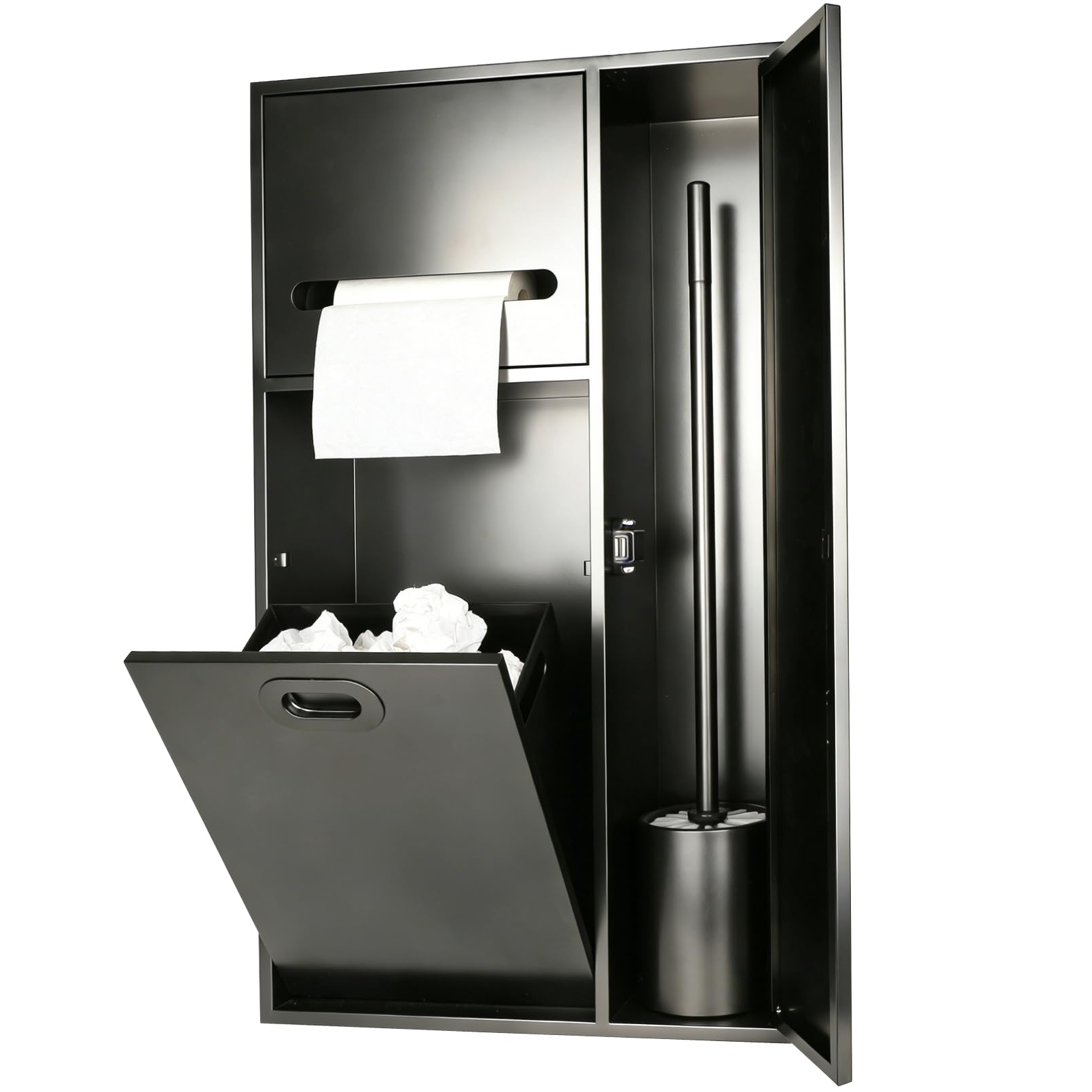 Portarrollos de Papel Higiénico Empotrado 3 en 1 | Nicho de Acero Inoxidable con Porta Pañuelos, Papelera y Armario para Escobillas de Baño para Baños y Aseos
