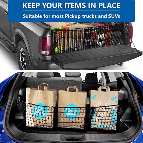 Lifronkit Cargo Net Stretchable And 3 Pocket Trunk Net Organizer, Universal Elastic Mesh Net Organizer With Hooks, Truck Bed Grocery Holder With Hooks For Suvs, Cars And Trucks, 47.2X18.1 Inch #TOP5