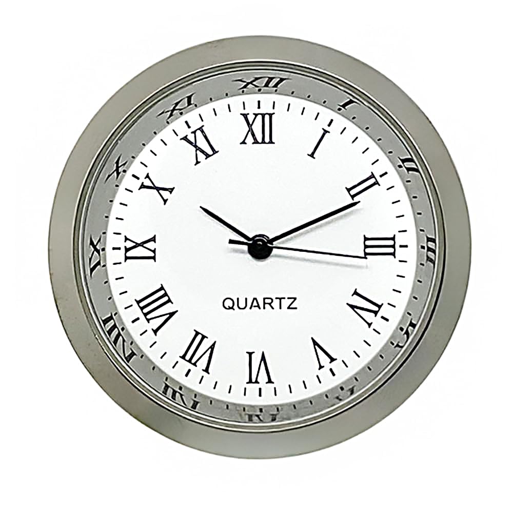 New Round Metal Quartz Bezel Clock Watch Movement Insert Miniature Chrome Silver With Black Roman Numerals White Dial Battery Operated (50mm Insert For A 47mm Hole)