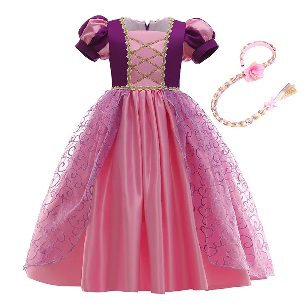 CinheyU Disfraz de Princesa Rapunzel para Niñas Vestidos de Sofia Cumpleaños Boda Fiesta Navidad Ceremonia Carnaval Halloween Cosplay Vestir con Peluca Trenzas