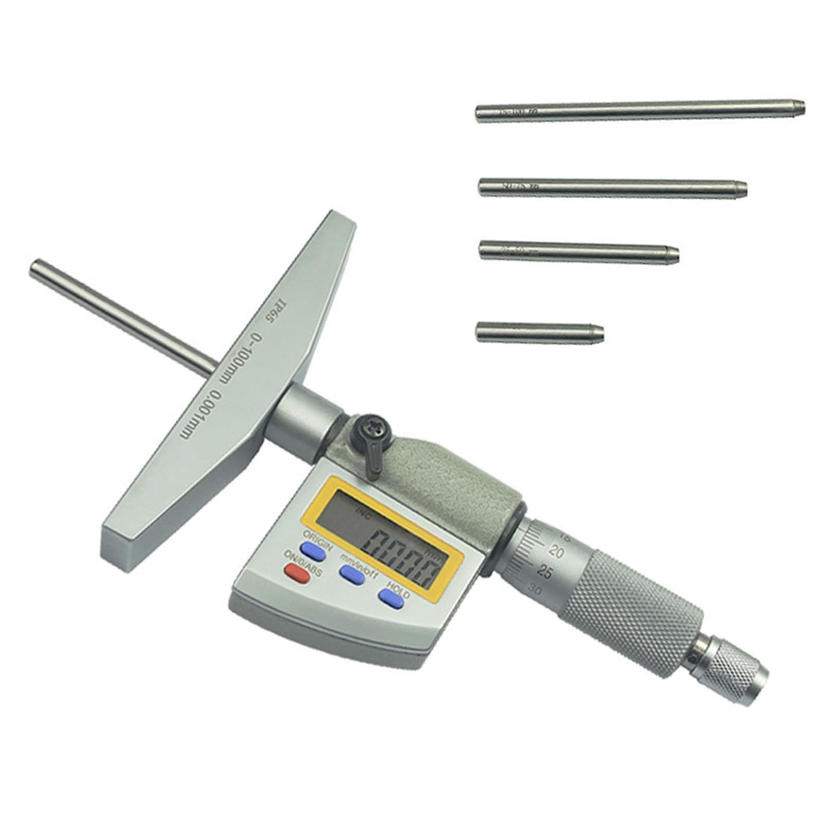 Micromètre Numérique, Jauge De Profondeur Électronique, Micromètre de Profondeur Numérique IP65 0-100 mm avec Tige Interchangeable 4 Sondes (0-25/25-50/50-75/75-100 mm)