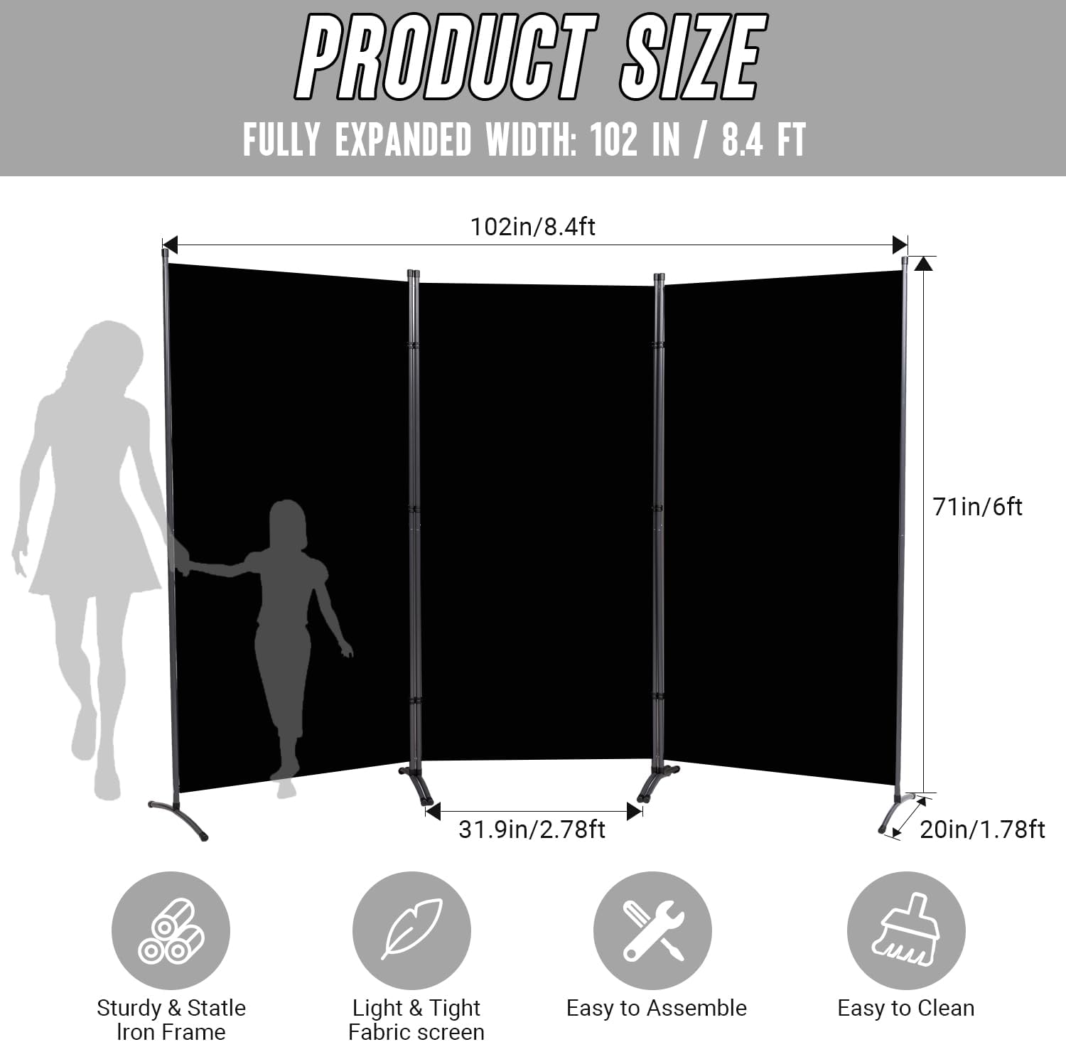JVVMNJLK Indoor Room Divider, Portable Office Divider, Room Divider Wall Screen 3 Panel, Folding Partition Privacy Screen Walls Dividers for Room Separator 102" W x 71.3" H,Black