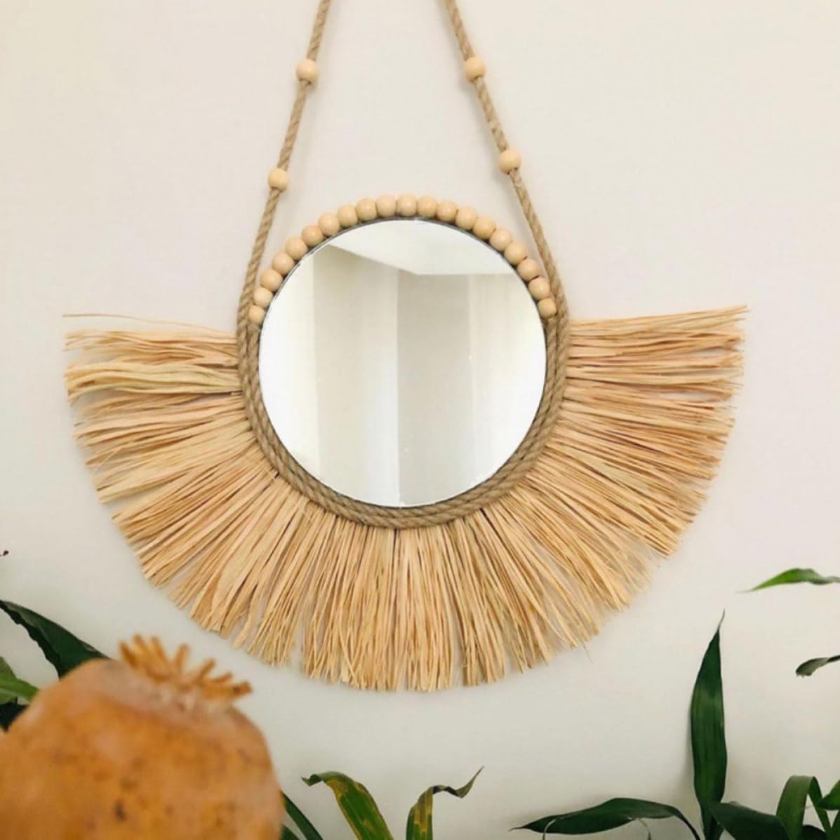 Runder Wandhängendes Aluminium in Spiegel Raffia aus Wandspiegel Dekorativer mit Glattem HD Design Beige für Heim und Schlafzimmereinrichtung