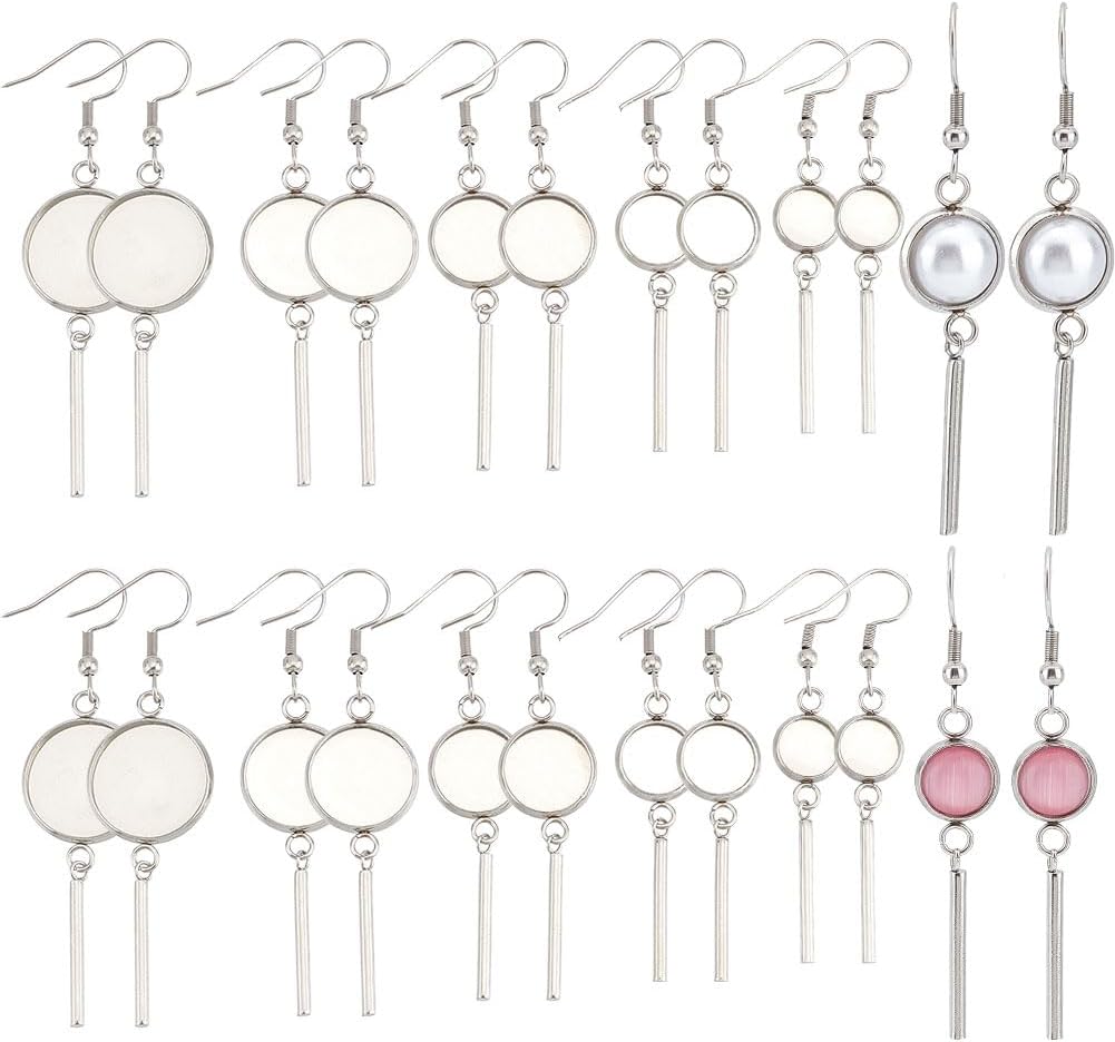 SUNNYCLUE 1 Box 20Pcs Cabochons Earring Blank Stainless Steel Bezel Trays Flat Round Cabochon Bezels Tray Fit 8.5/10/12/14/16mm Domes with Earring Hooks Bar Charms for Jewelry Making Kit