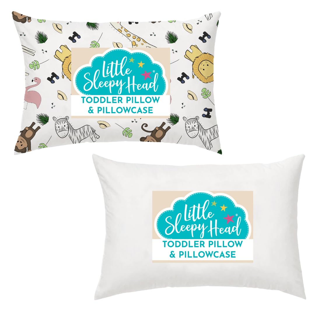 Little Sleepy Head Toddler Pillow with Pillowcase (Safari) and Toddler Pillow with Pillowcase (White) Bundle