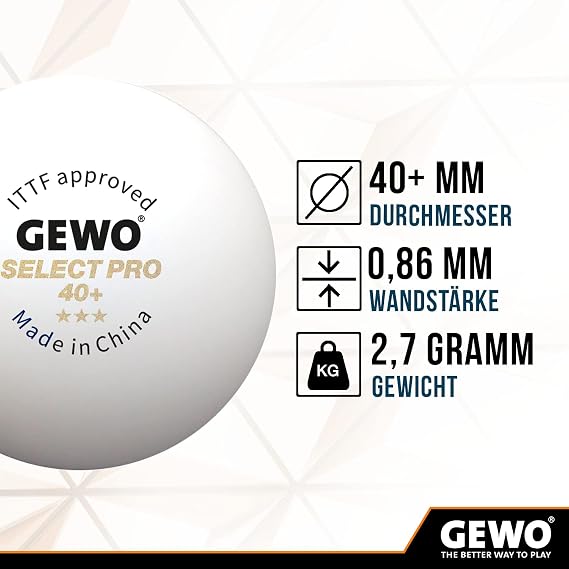 GEWO Select PRO Table Tennis Balls - 3 Star Table Tennis Ball Made of Plastic 40+ with Seam - ITTF Certified Competition Balls - High-Quality Professional Table Tennis Balls White 40 + mm Diameter