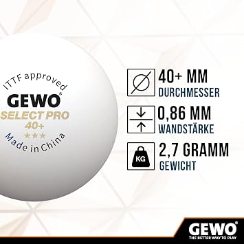 GEWO Select PRO Table Tennis Balls - 3 Star Table Tennis Ball Made of Plastic 40+ with Seam - ITTF Certified Competition Balls - High-Quality Professional Table Tennis Balls White 40 + mm Diameter