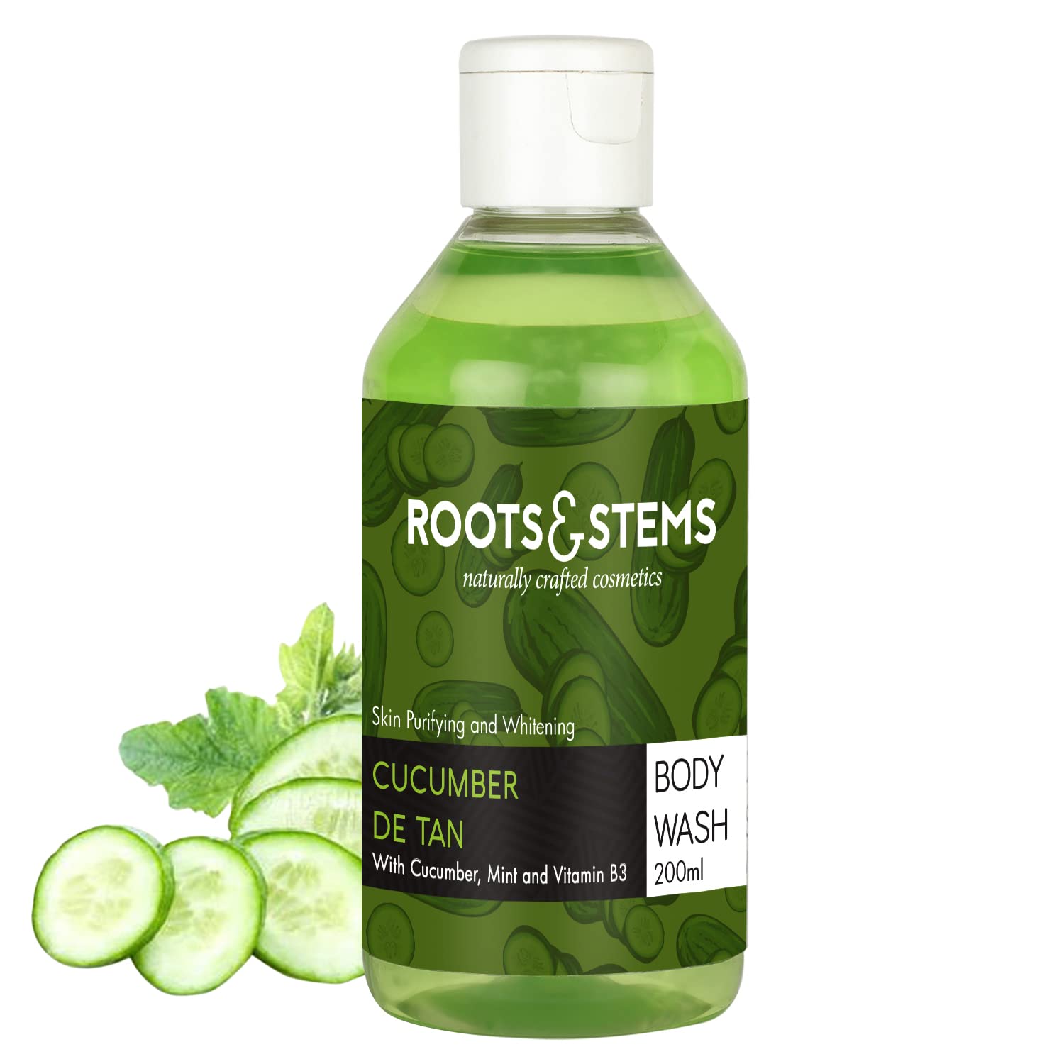 Roots & StemsCucumber De-Tan Body Wash Deep Hydration & Tan-free Skin- 100% Natural & Organic/Brightens, Lightens & Rejuvenates Skin/Soothes Sun-burnt, Redness & Unclogs open Pores (200 ml)
