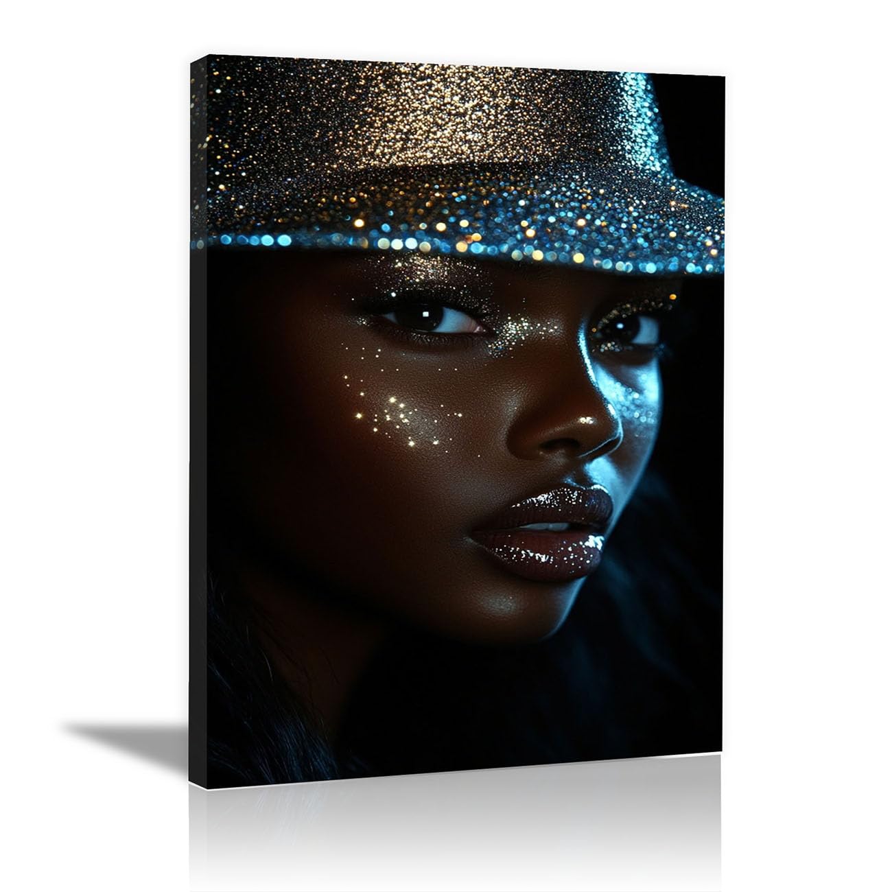 QUSAAOU African Americans Wall Art Glitter Hat Dark Skin Lady Vintage Tribal Girl Images Elegant Paintings Of Black Women Suitable For Home Wall Decoration(Silver)-80x120cm1 Unframed